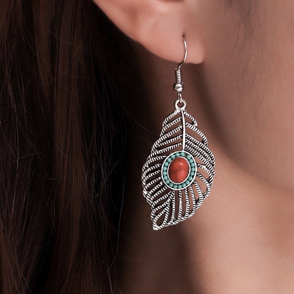 Any 2/$20! Silver Red & Turquoise Feather Earrings - Picture 2 of 6